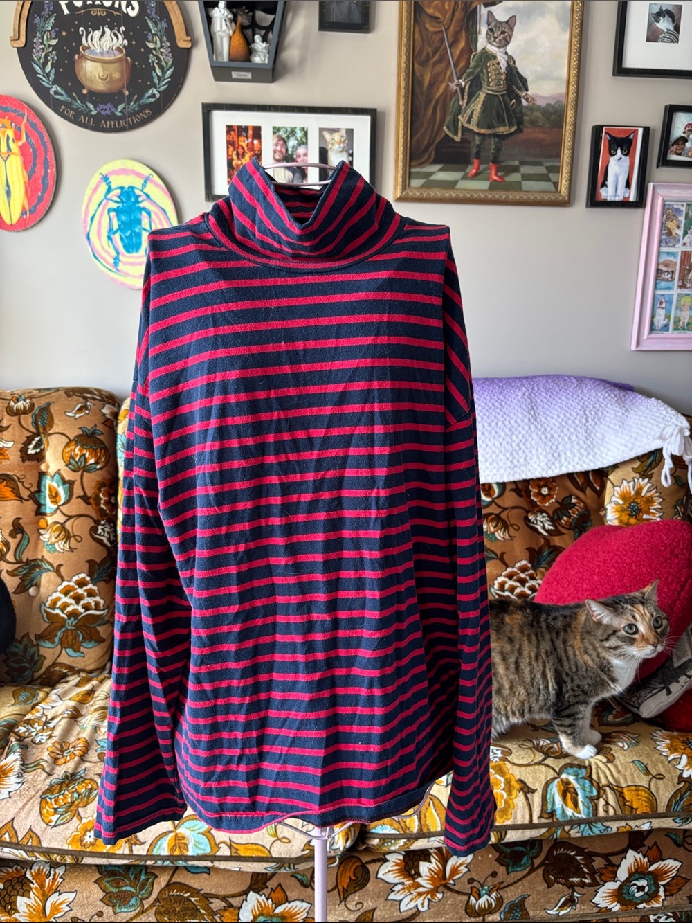 Men's Striped Turtleneck Sweater in Navy and Red